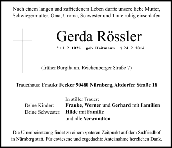 Traueranzeige von Gerda Rössler von Der Bote