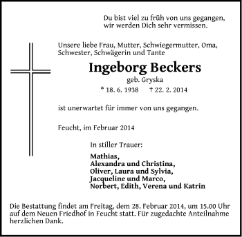 Traueranzeige von Ingeborg Beckers von Der Bote