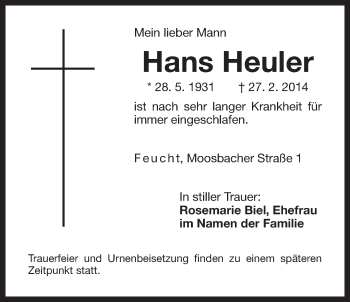 Traueranzeige von Hans Heuler von Der Bote