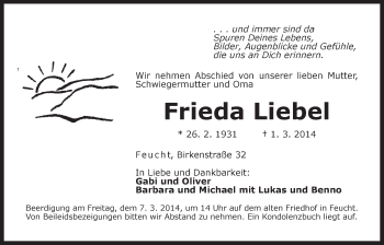 Traueranzeige von Frieda Liebel von Der Bote
