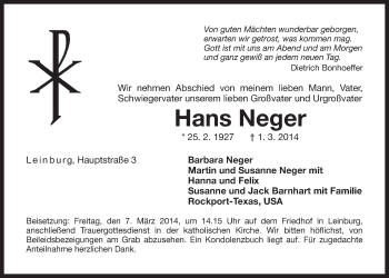 Traueranzeige von Hans Neger von Der Bote