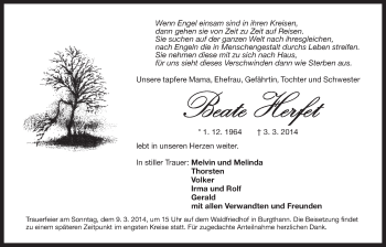 Traueranzeige von Beate Herfet von Der Bote
