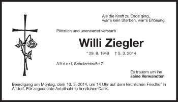 Traueranzeige von Willi Ziegler von Der Bote