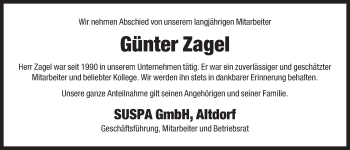 Traueranzeige von Günter Zagel von Der Bote