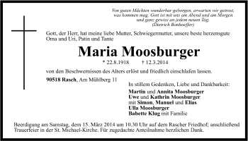 Traueranzeige von Maria Moosburger von Der Bote
