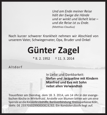 Traueranzeige von Günter Zagel von Der Bote