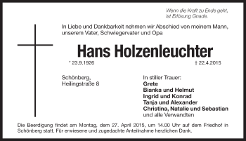 Traueranzeige von Hans Holzenleuchter von Pegnitz-Zeitung
