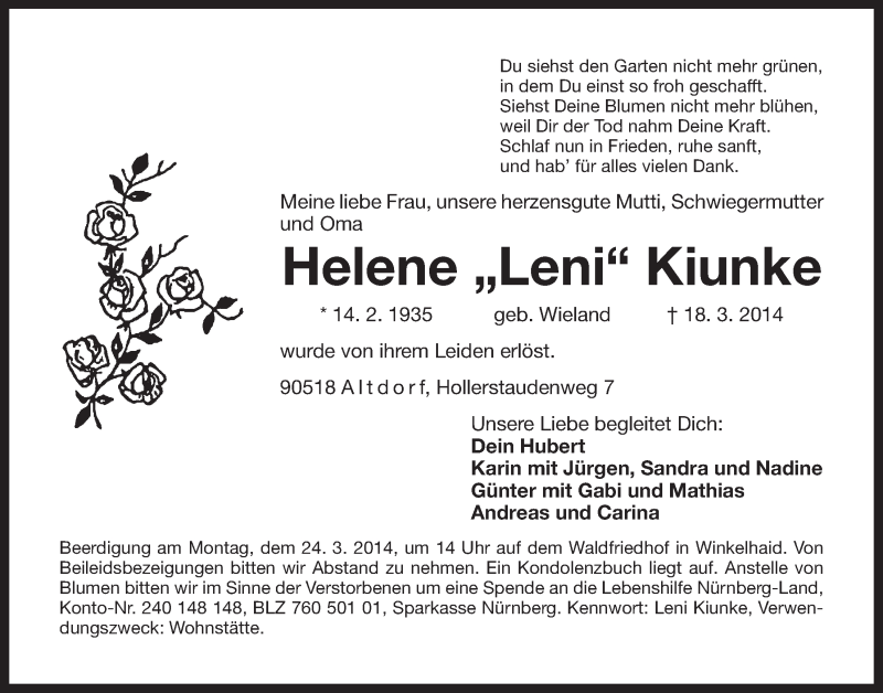  Traueranzeige für Helene Kiunke vom 21.03.2014 aus Der Bote