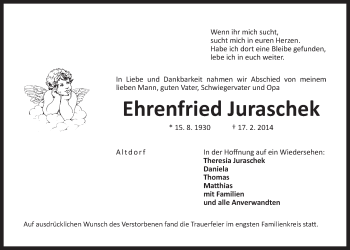 Traueranzeige von Ehrenfried Juraschek von Der Bote