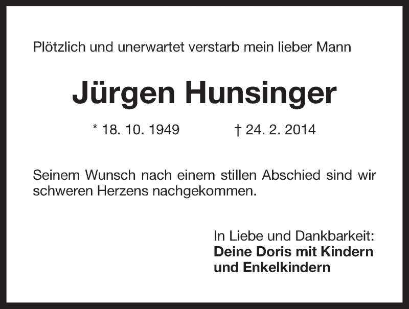  Traueranzeige für Jürgen Hunsinger vom 22.03.2014 aus Der Bote