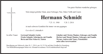 Traueranzeige von Hermann Schmidt von Der Bote