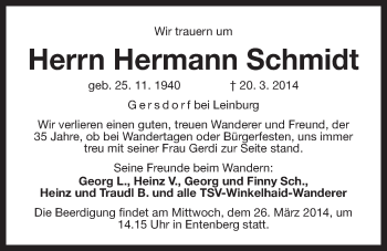 Traueranzeige von Hermann Schmidt von Der Bote