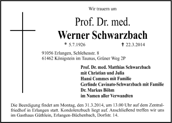 Traueranzeige von Werner Schwarzbach von Der Bote