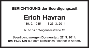 Traueranzeige von Erich Havran von Der Bote