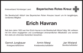 Traueranzeige von Erich Havran von Der Bote