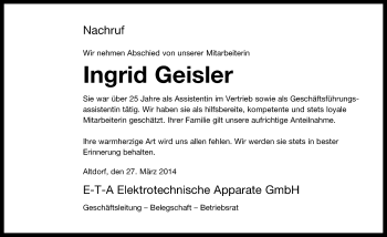 Traueranzeige von Ingrid Geisler von Der Bote