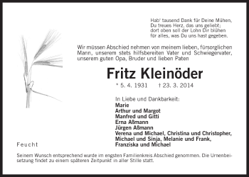 Traueranzeige von Fritz Kleinöder von Der Bote