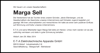 Traueranzeige von Marga Sell von Der Bote