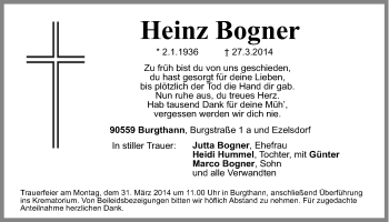 Traueranzeige von Heinz Bogner von Der Bote