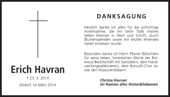 Traueranzeige von Erich Havran von Der Bote