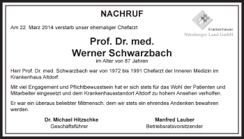 Traueranzeige von Werner Schwarzbach von Der Bote