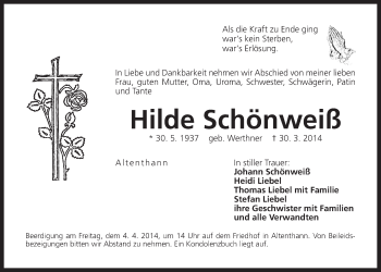 Traueranzeige von Hilde Schönweiß von Der Bote