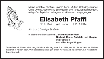 Traueranzeige von Elisabeth Pfaffl von Der Bote