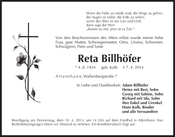 Traueranzeige von Reta Billhöfer von Der Bote