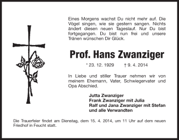 Traueranzeige von Hans Zwanziger von Der Bote