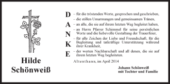 Traueranzeige von Hilde Schönweiß von Der Bote