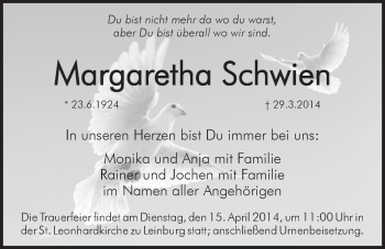 Traueranzeige von Margaretha Schwien von Der Bote