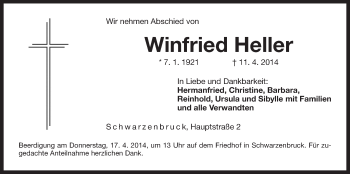 Traueranzeige von Winfried Heller von Der Bote