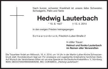 Traueranzeige von Hedwig Lauterbach von Der Bote