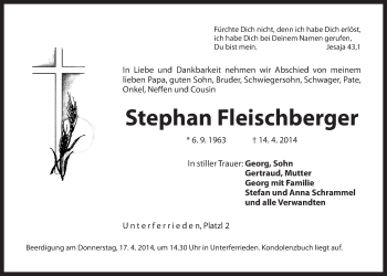 Traueranzeige von Stephan Fleischberger von Der Bote