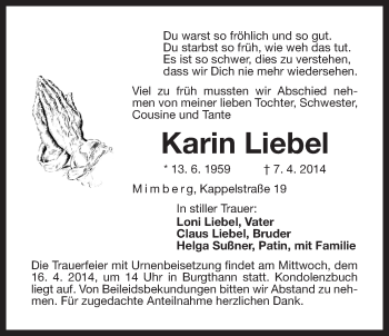 Traueranzeige von Karin Liebel von Der Bote