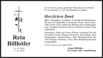 Traueranzeige von Reta Billhöfer von Der Bote