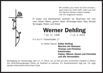 Traueranzeige von Werner Dehling von Der Bote