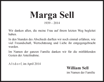 Traueranzeige von Marga Sell von Der Bote