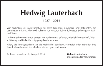 Traueranzeige von Hedwig Lauterbach von Der Bote