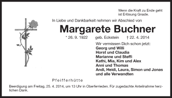Traueranzeige von Margarete Buchner von Der Bote
