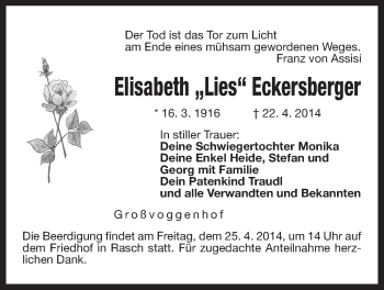 Traueranzeige von Elisabeth Eckersberger von Der Bote