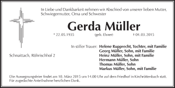 Traueranzeige von Gerda Mueller von Pegnitz-Zeitung