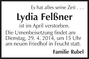 Traueranzeige von Lydia Felßner von Der Bote