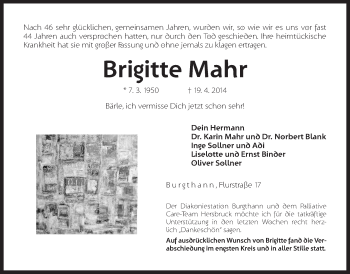Traueranzeige von Brigitte Mahr von Der Bote