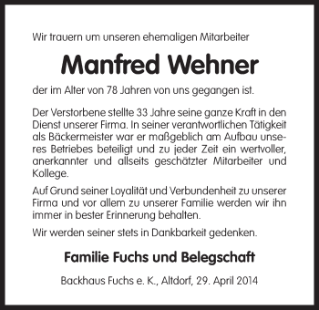 Traueranzeige von Manfred Wehner von Der Bote
