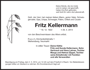 Traueranzeige von Fritz Kellermann von Der Bote