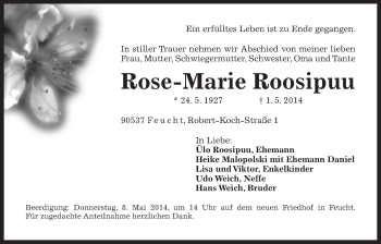 Traueranzeige von Rose-Marie Roosipuu von Der Bote