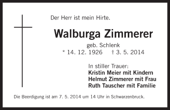 Traueranzeige von Walburga Zimmerer von Der Bote