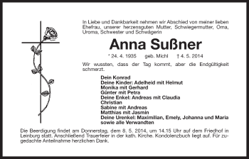 Traueranzeige von Anna Sußner von Der Bote