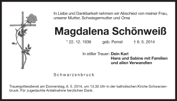 Traueranzeige von Magdalena Schönweiß von Der Bote